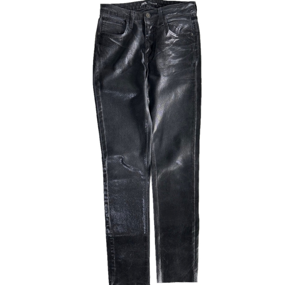 Zara Black Wax Denim Skinny Jeans Boho Grunge Emo Look All Over Sheen Size 2